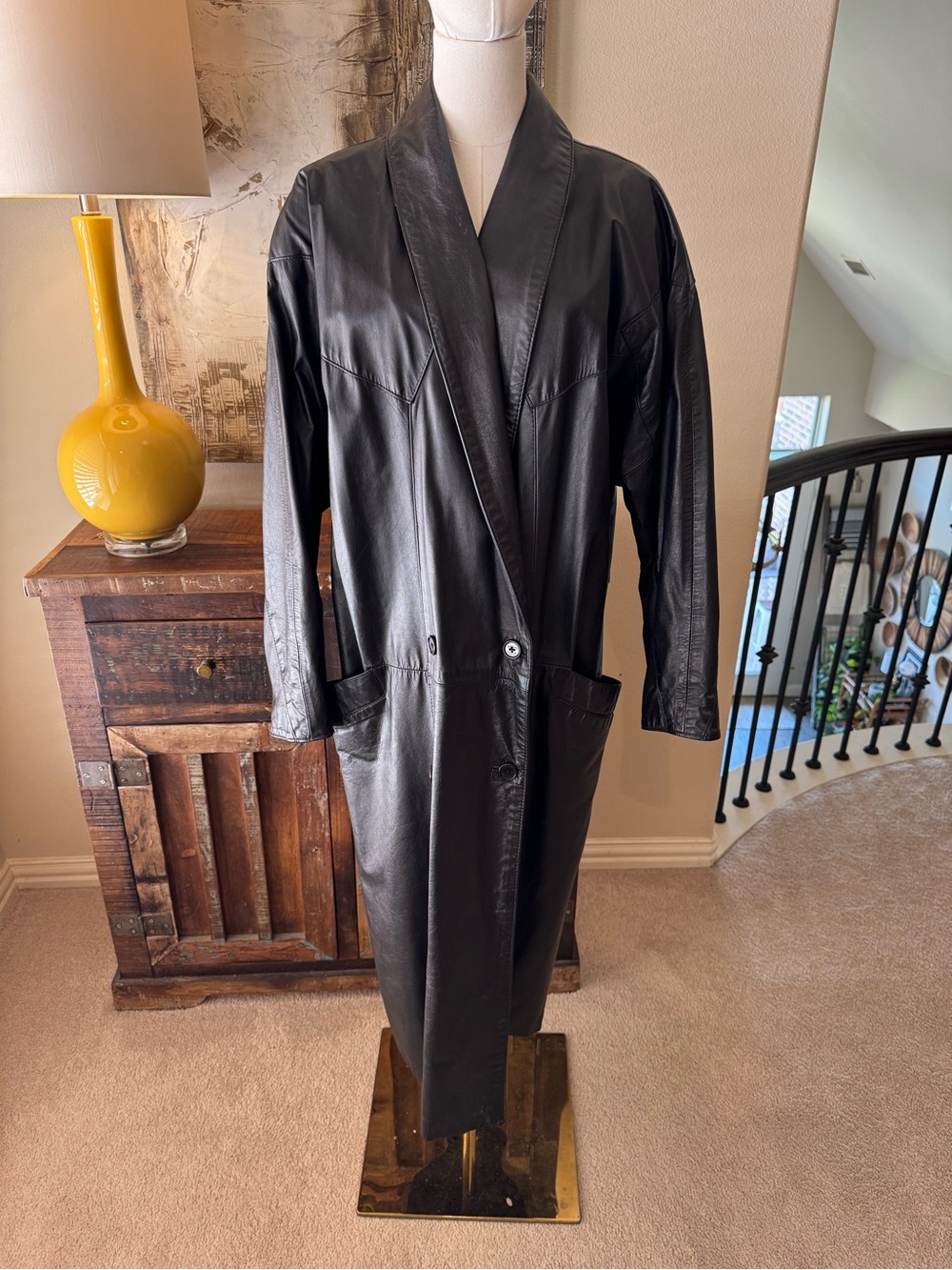 Vintage Classic Black Leather Long Coat - Women size 16 (XL)